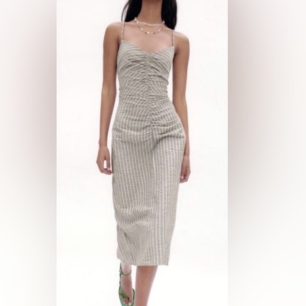 ZARA Stripe Linen Midi Ruched Dress Straw